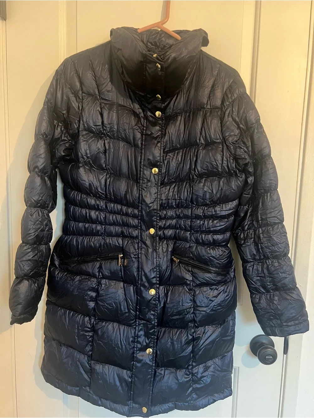 Michael Kors Navy Long Quilted Packable Puffer Coat with Gold-Tone Hardware
